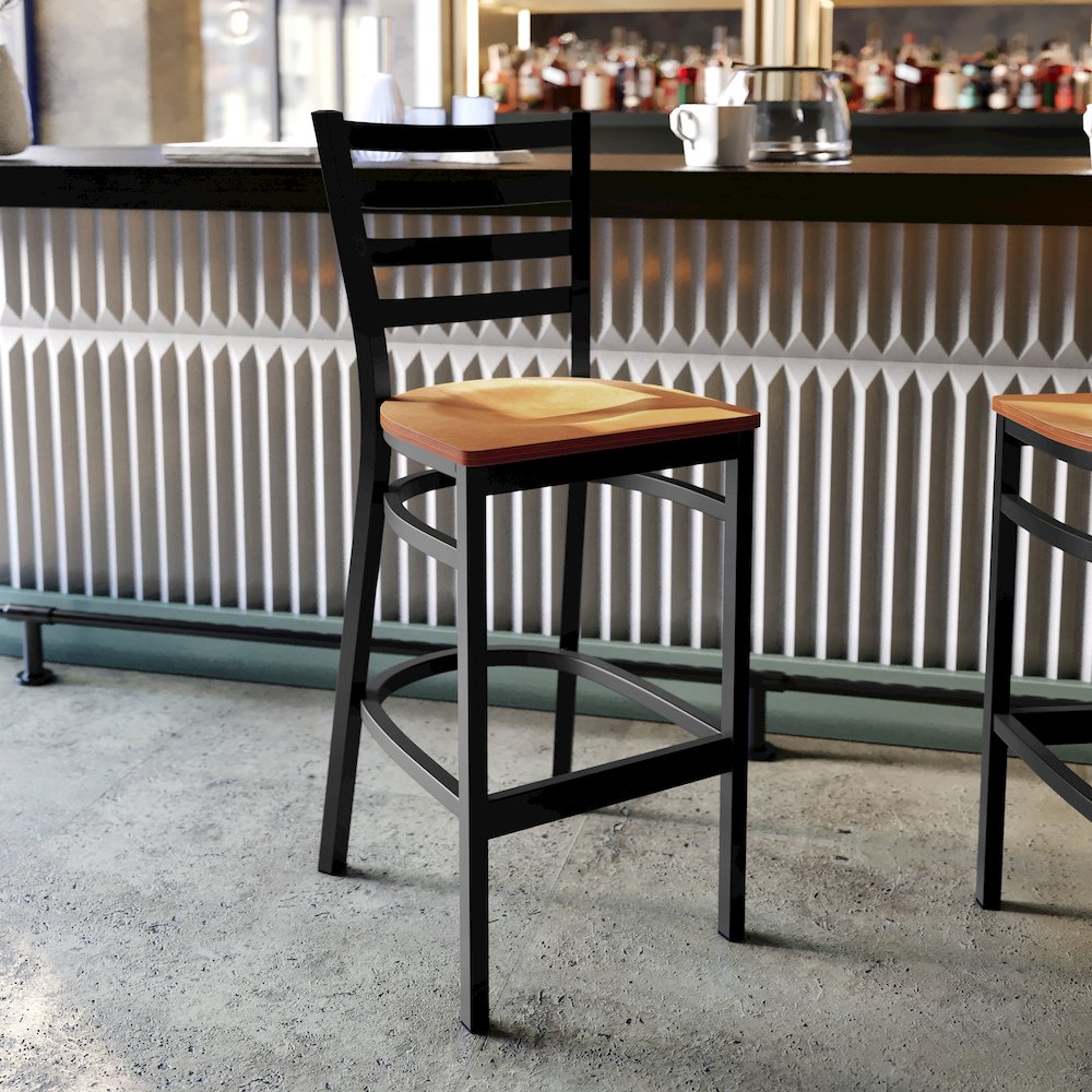 Black Ladder Back Metal Restaurant Barstool – Natural Wood Seat