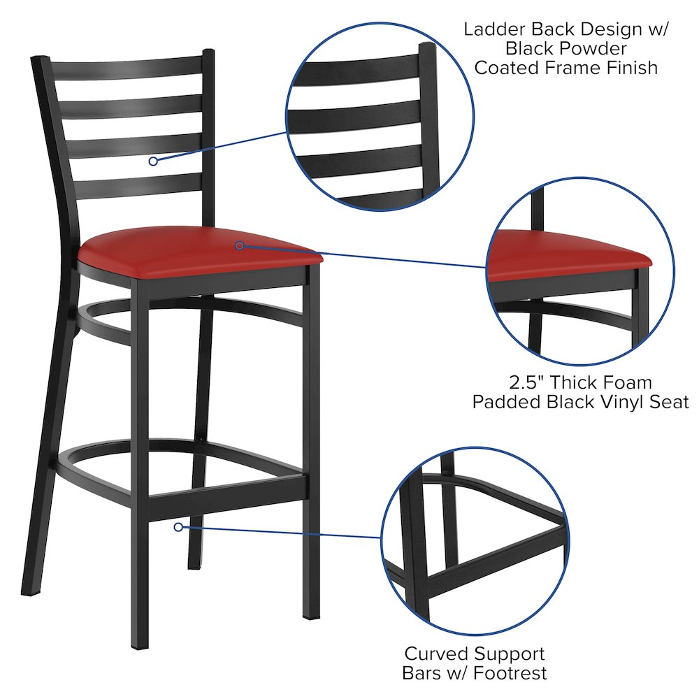 HERCULES Black Ladder Back Metal Restaurant Barstool – Red Vinyl Seat