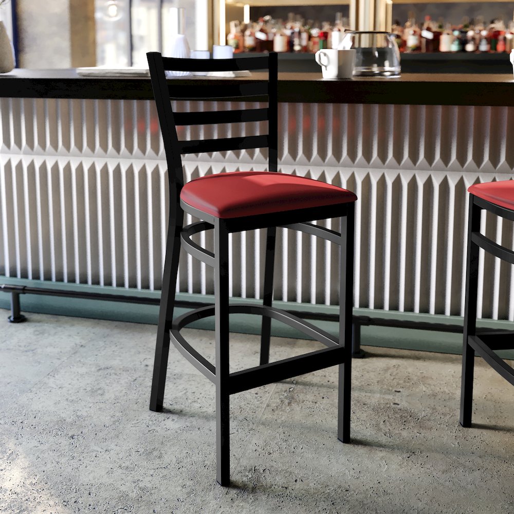 HERCULES Black Ladder Back Metal Restaurant Barstool – Red Vinyl Seat
