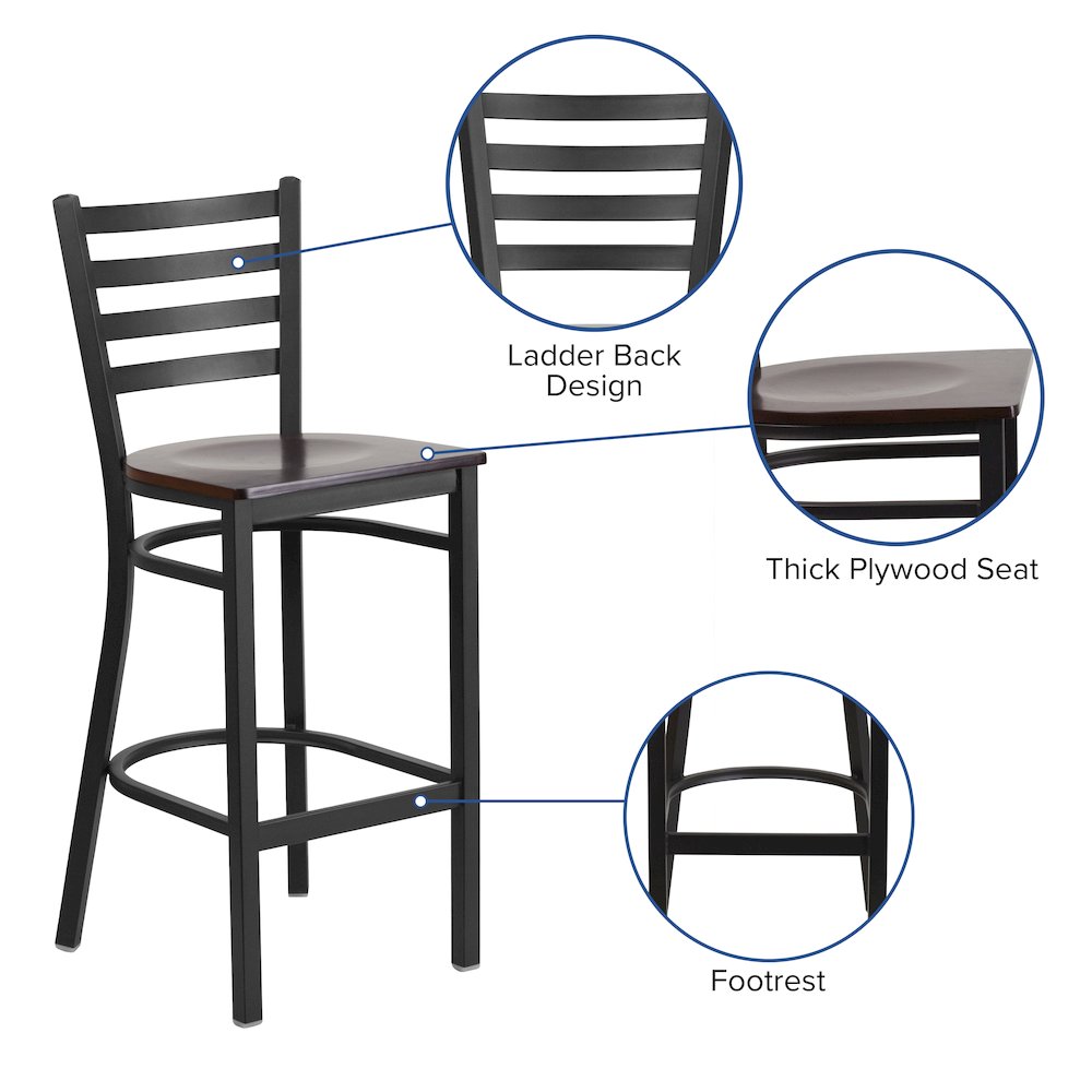 Black Ladder Back Metal Restaurant Barstool – Walnut Wood Seat