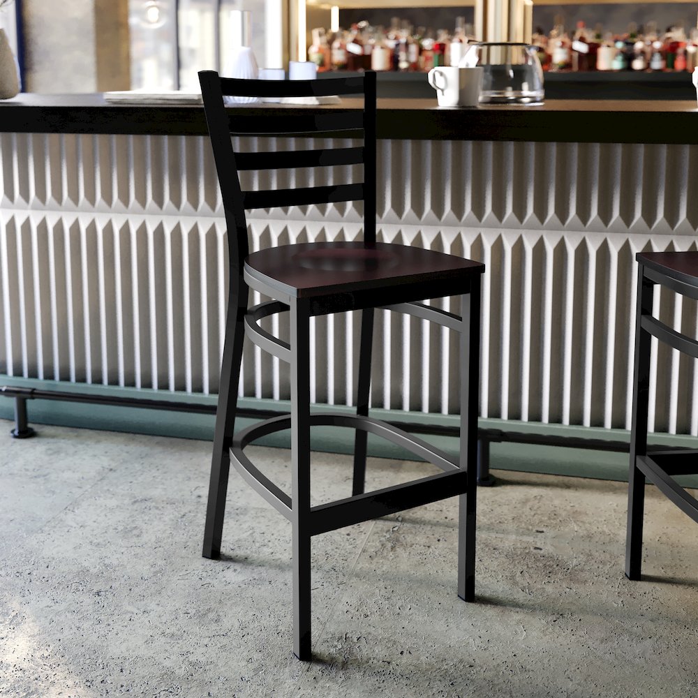 Black Ladder Back Metal Restaurant Barstool – Walnut Wood Seat