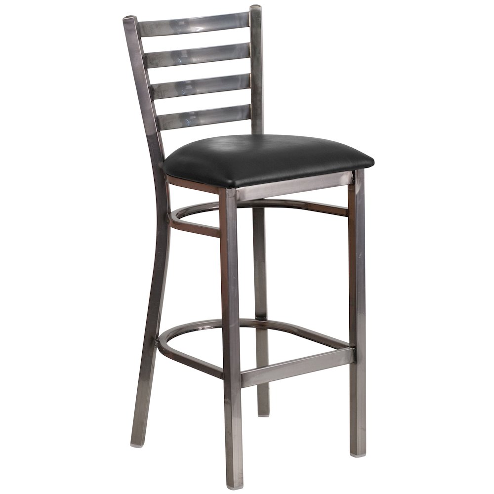 Clear Coated Ladder Back Metal Restaurant Barstool – Black Vinyl Seat