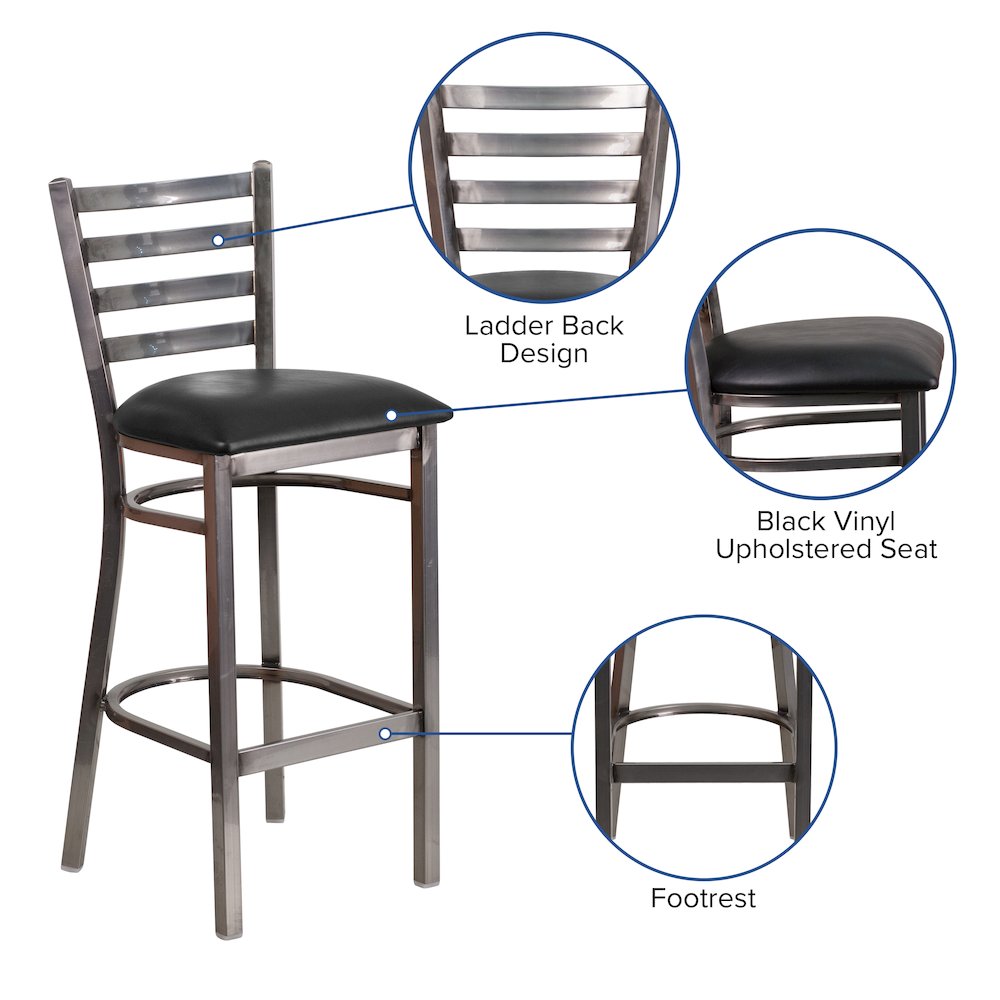 Clear Coated Ladder Back Metal Restaurant Barstool – Black Vinyl Seat