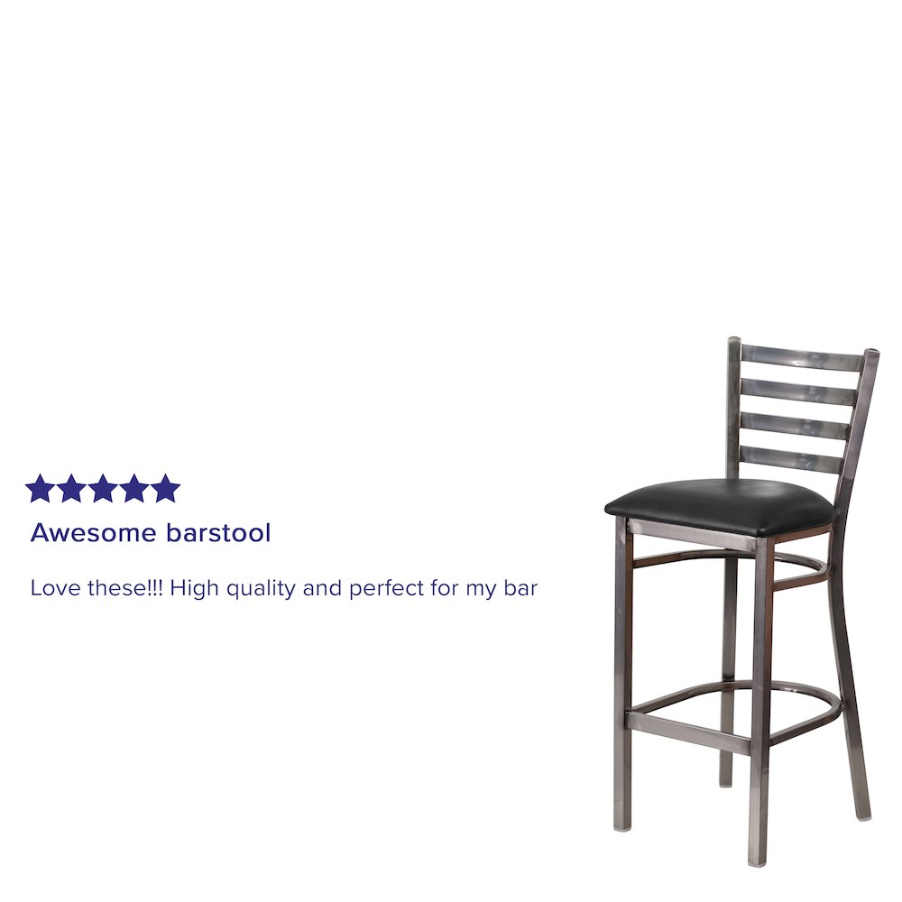 Clear Coated Ladder Back Metal Restaurant Barstool – Black Vinyl Seat