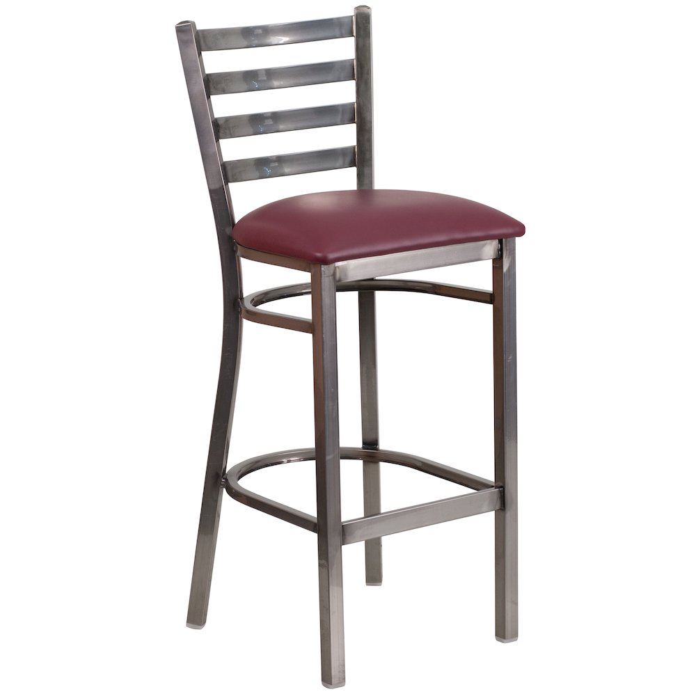 Clear Coated Ladder Back Metal Restaurant Barstool – Burgundy Vinyl Seat