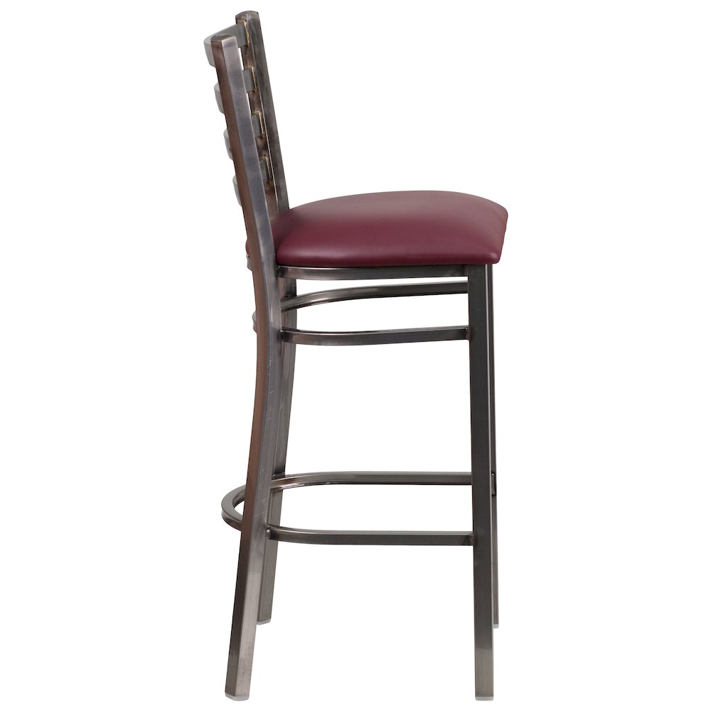 Clear Coated Ladder Back Metal Restaurant Barstool – Burgundy Vinyl Seat