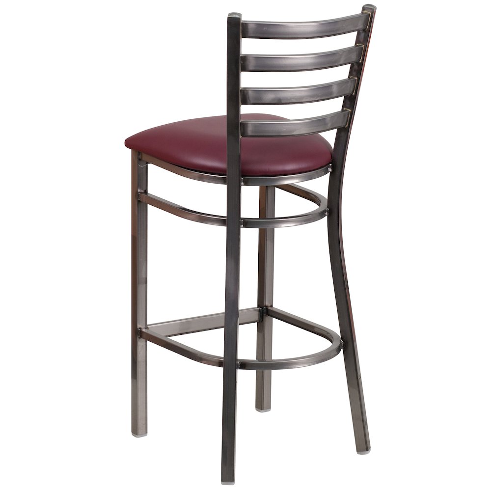 Clear Coated Ladder Back Metal Restaurant Barstool – Burgundy Vinyl Seat