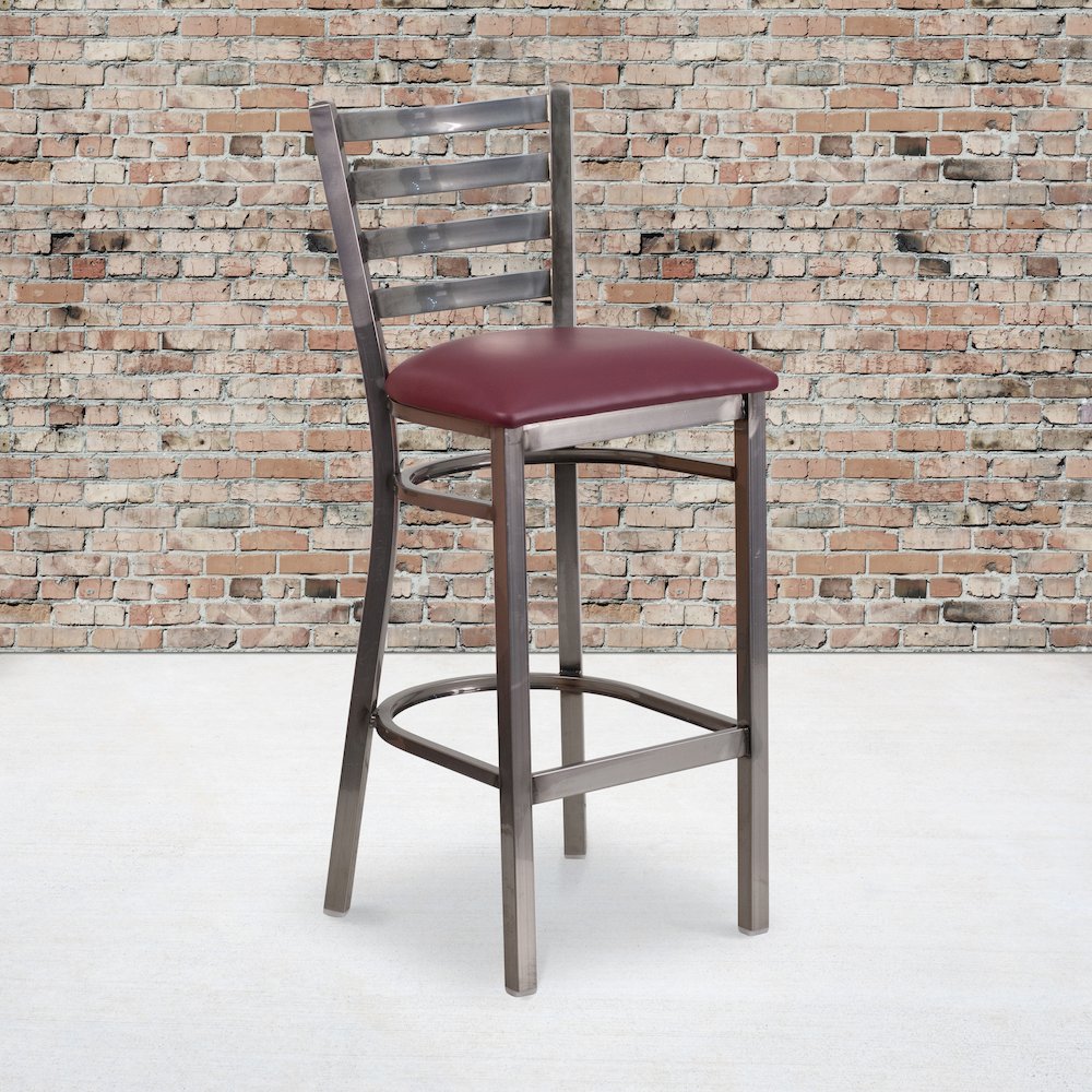 Clear Coated Ladder Back Metal Restaurant Barstool – Burgundy Vinyl Seat