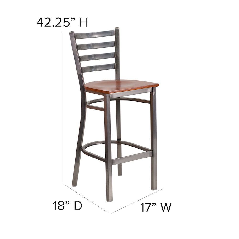 Clear Coated Ladder Back Metal Restaurant Barstool – Cherry Wood Seat