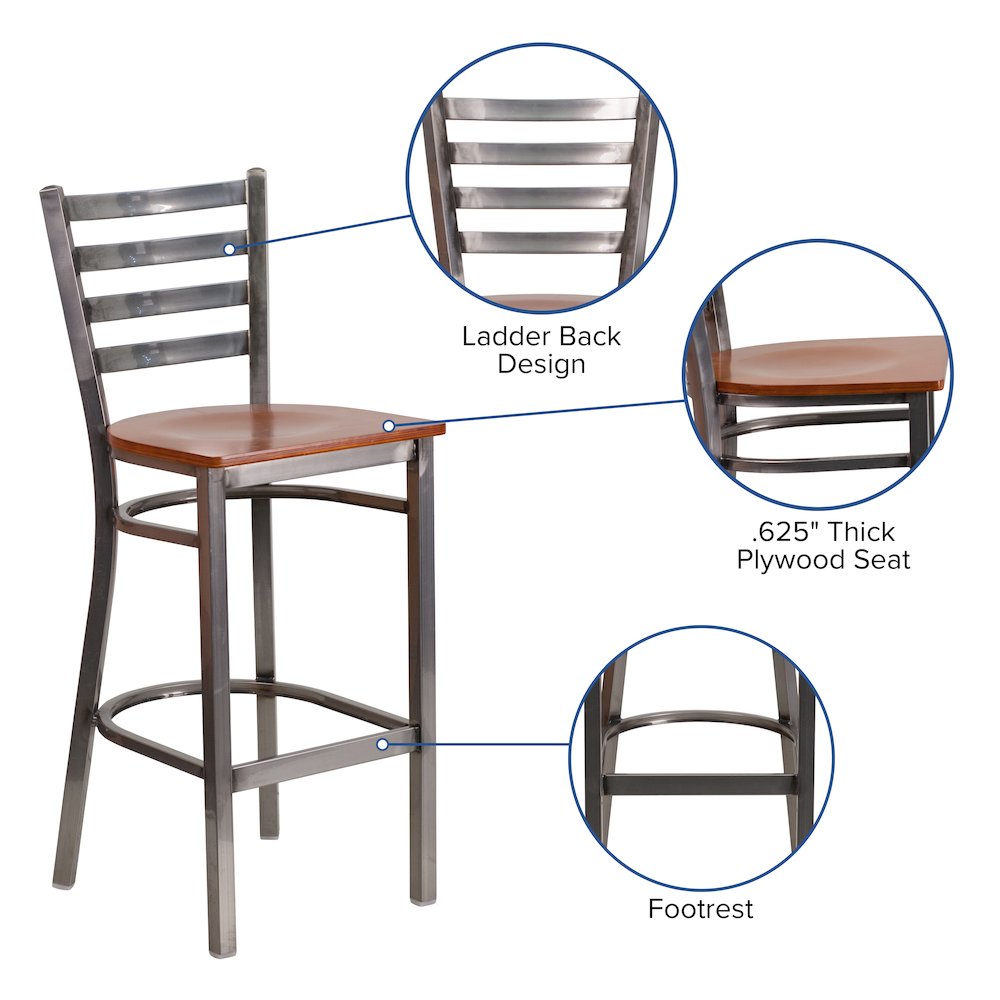 Clear Coated Ladder Back Metal Restaurant Barstool – Cherry Wood Seat