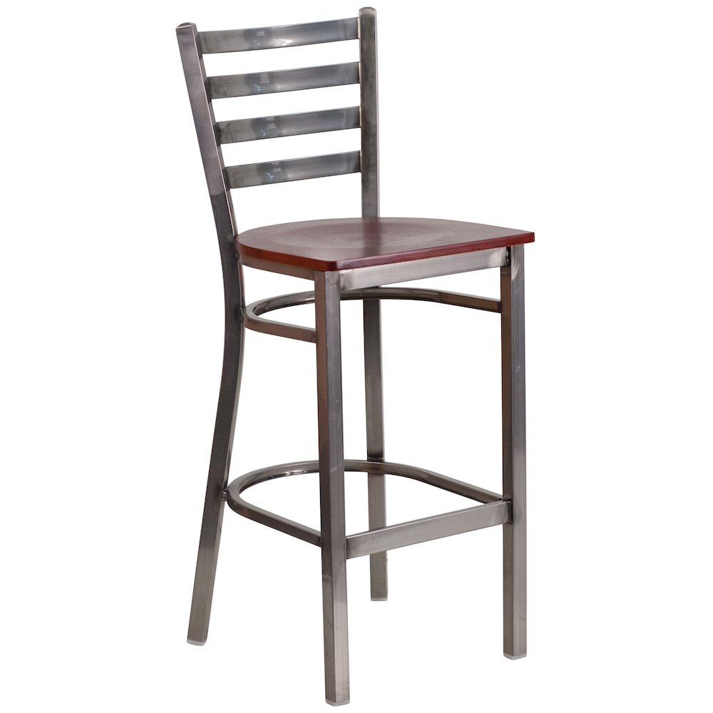 Clear Coated Ladder Back Metal Restaurant Barstool – Mahogany Wood Seat