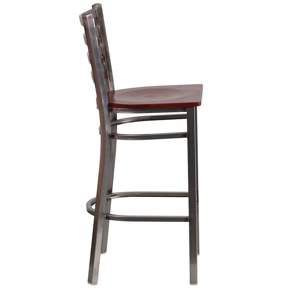 Clear Coated Ladder Back Metal Restaurant Barstool – Mahogany Wood Seat