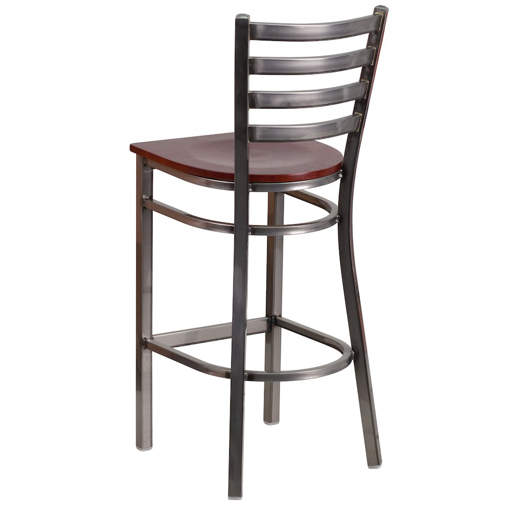 Clear Coated Ladder Back Metal Restaurant Barstool – Mahogany Wood Seat