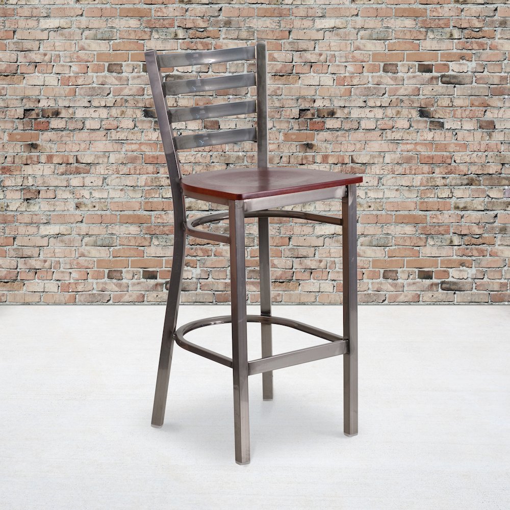 Clear Coated Ladder Back Metal Restaurant Barstool – Mahogany Wood Seat