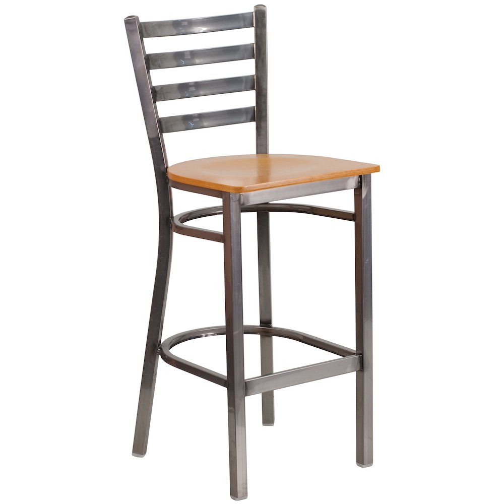 Clear Coated Ladder Back Metal Restaurant Barstool – Natural Wood Seat
