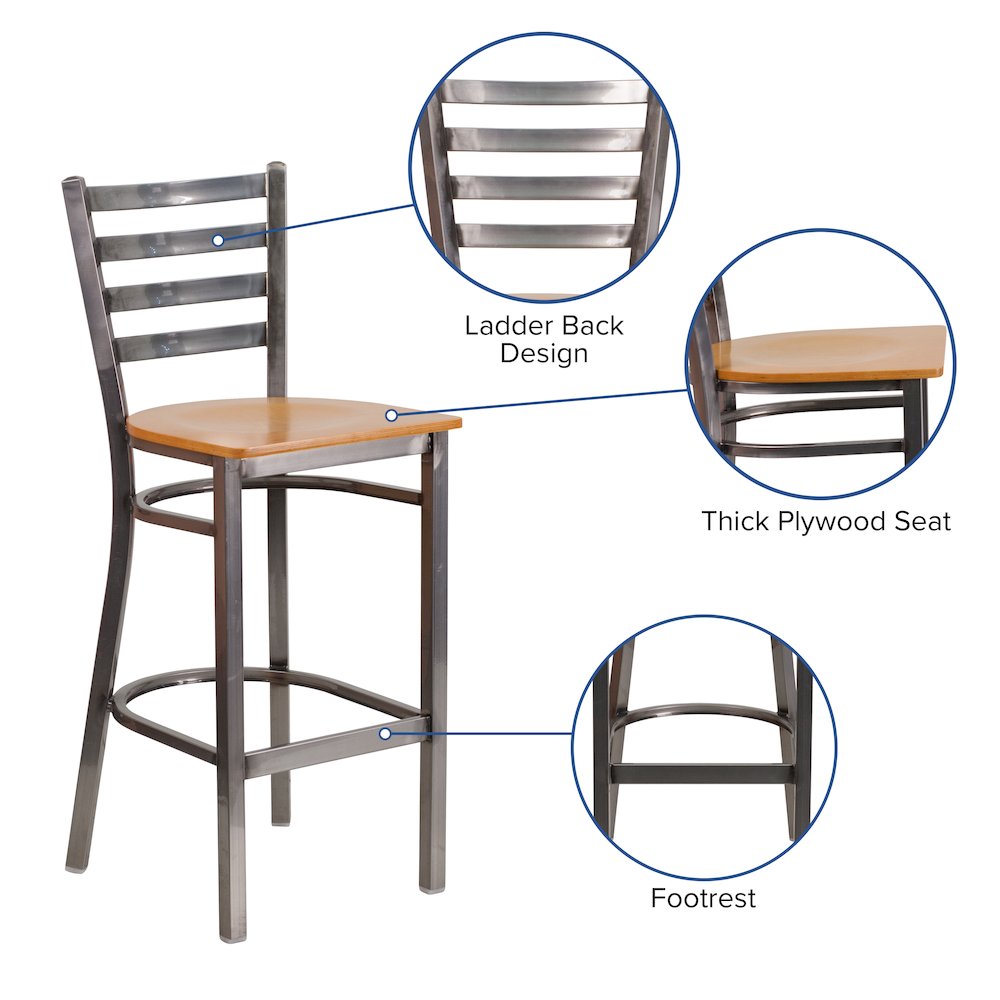Clear Coated Ladder Back Metal Restaurant Barstool – Natural Wood Seat