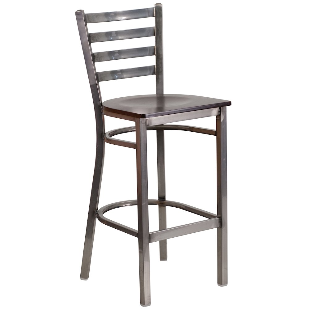 Clear Coated Ladder Back Metal Restaurant Barstool – Walnut Wood Seat