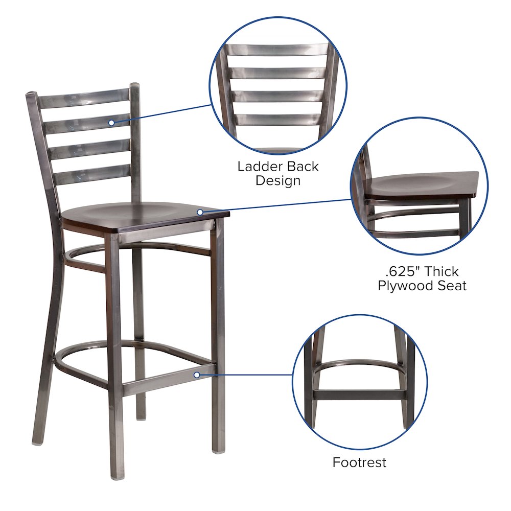 Clear Coated Ladder Back Metal Restaurant Barstool – Walnut Wood Seat