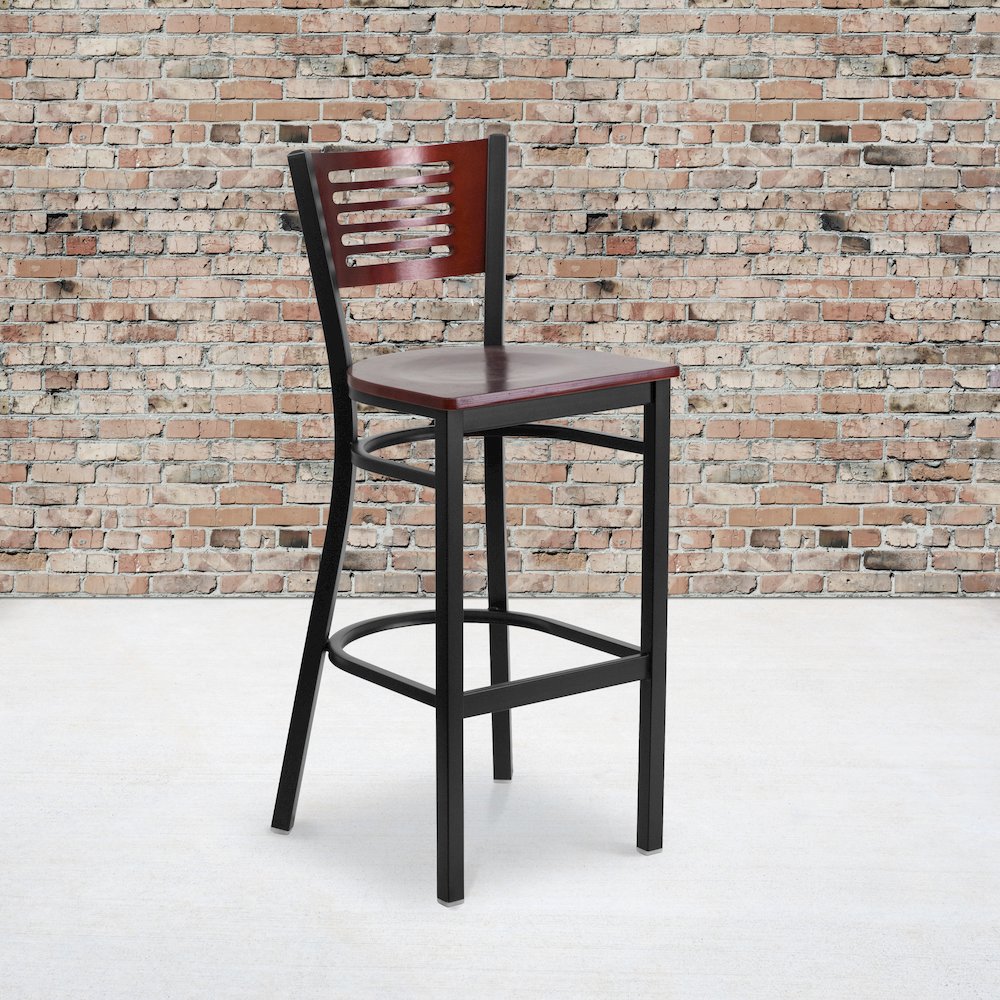 Black Slat Back Metal Restaurant Barstool – Mahogany Wood Back & Seat