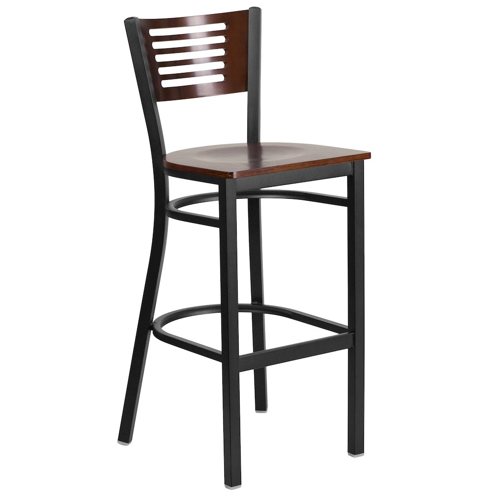 Black Slat Back Metal Restaurant Barstool – Walnut Wood Back & Seat