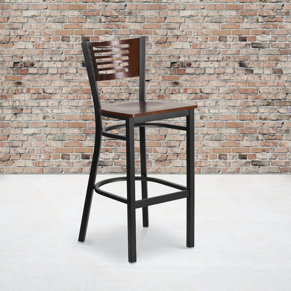 Black Slat Back Metal Restaurant Barstool – Walnut Wood Back & Seat