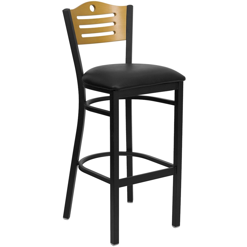 Black Slat Back Metal Restaurant Barstool – Natural Wood Back