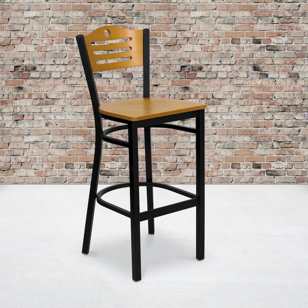Black Slat Back Metal Restaurant Barstool – Natural Wood Back & Seat