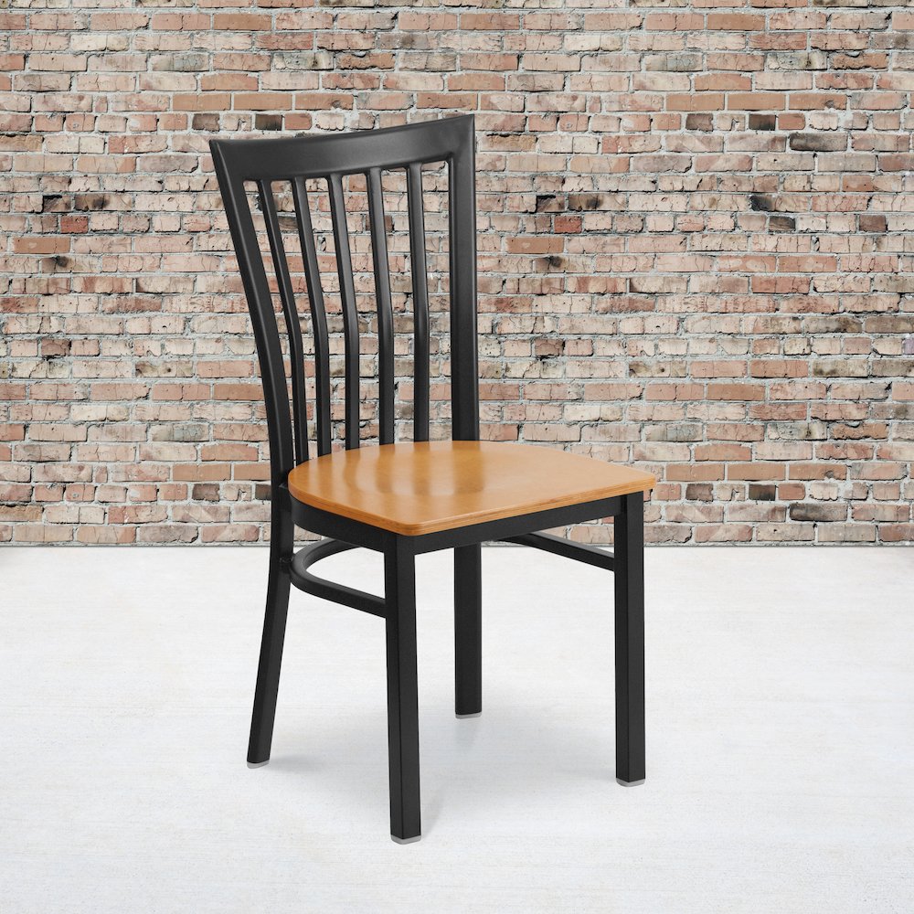 Black School House Back Metal Restaurant Chair – Natural Wood Seat