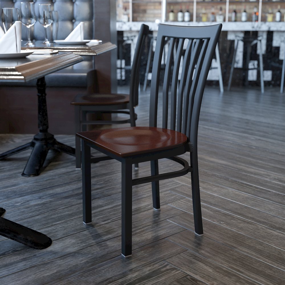 Black School House Back Metal Restaurant Chair – Walnut Wood Seat