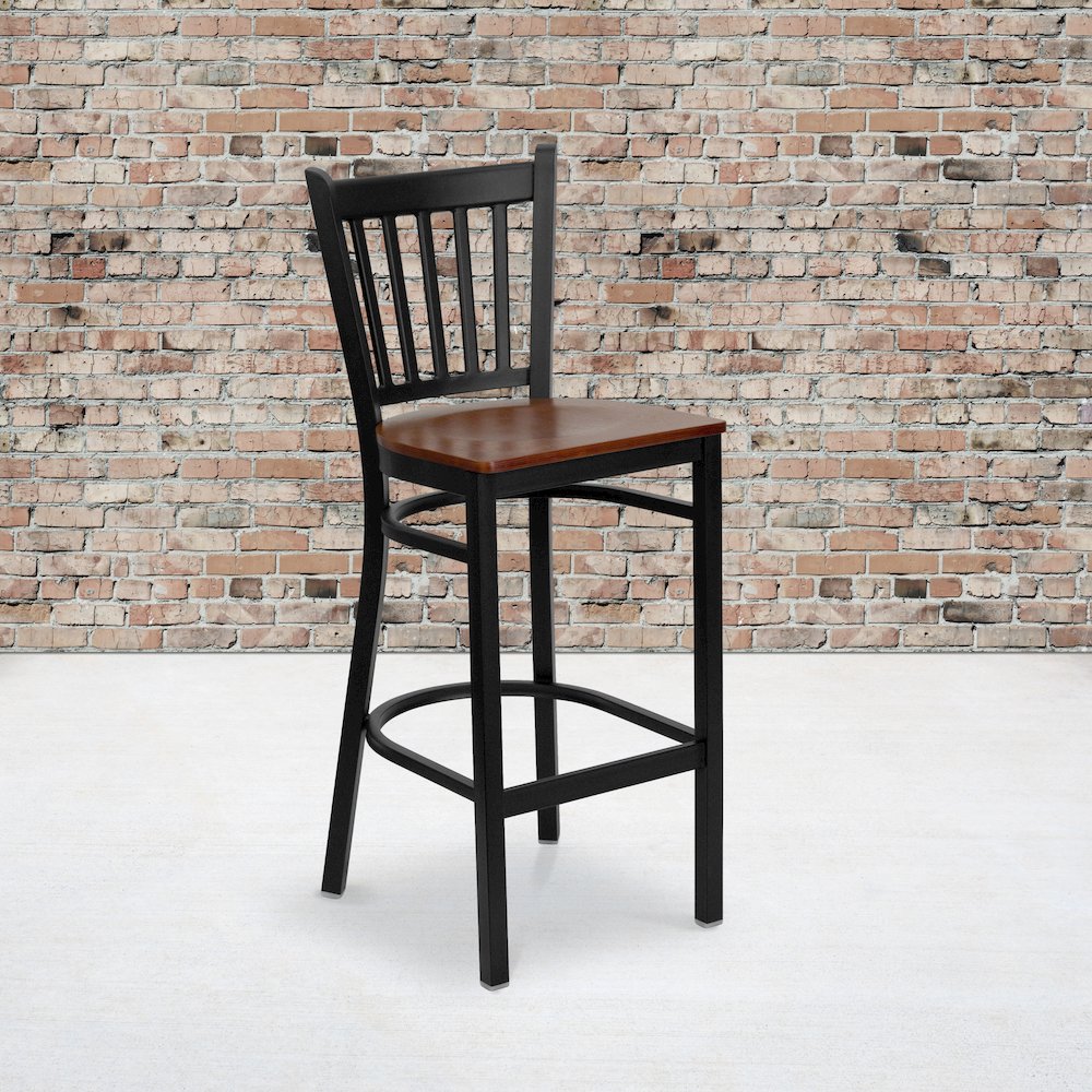 Black Vertical Back Metal Restaurant Barstool – Cherry Wood Seat