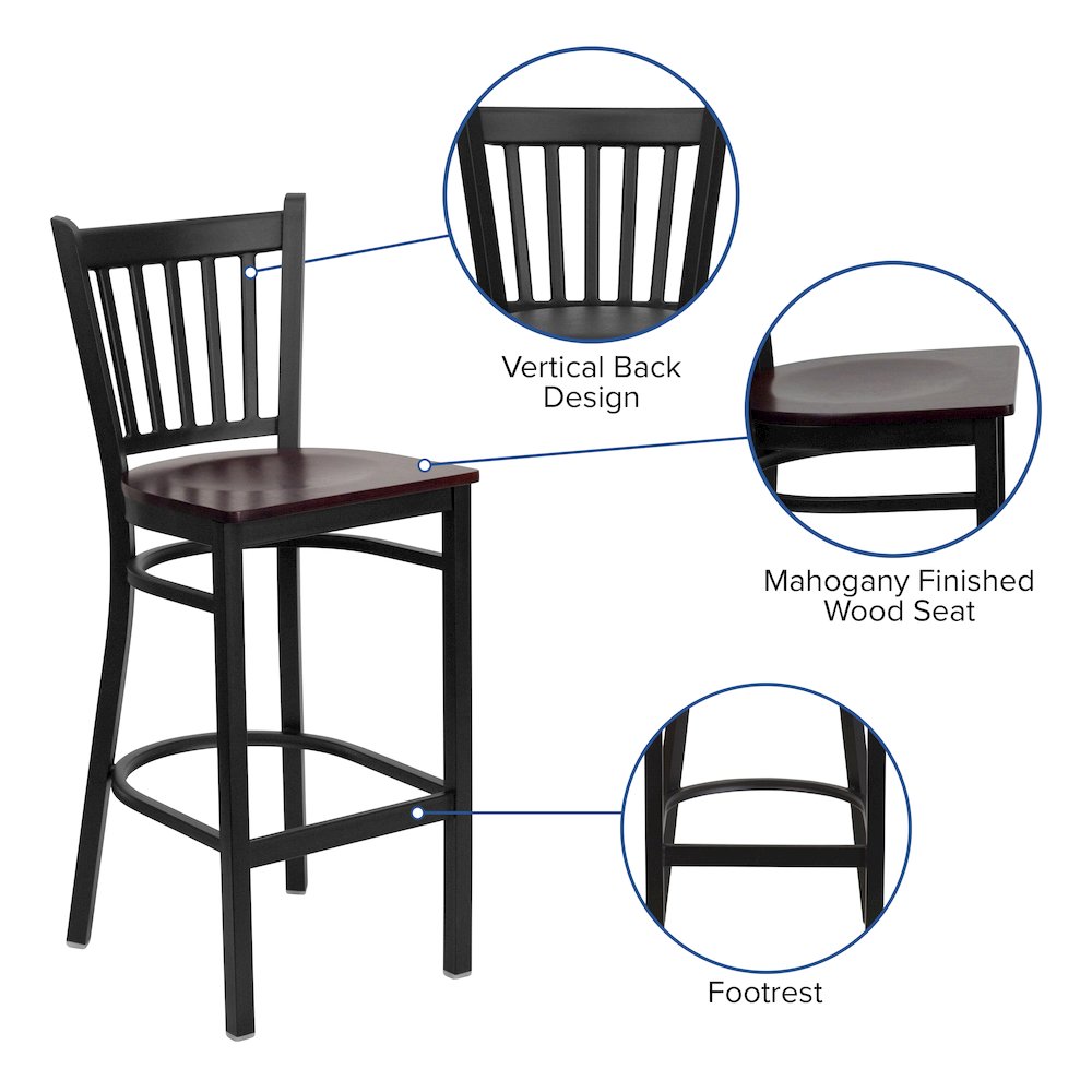 Black Vertical Back Metal Restaurant Barstool – Mahogany Wood Seat