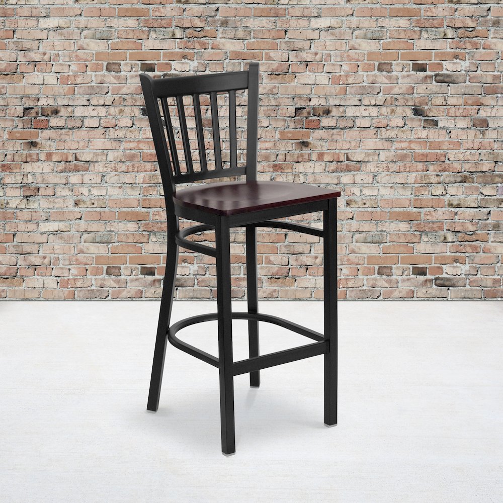 Black Vertical Back Metal Restaurant Barstool – Mahogany Wood Seat