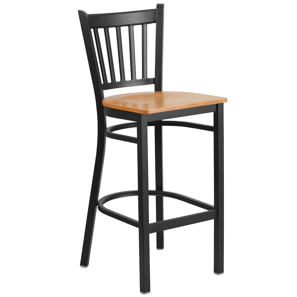 Black Vertical Back Metal Restaurant Barstool – Natural Wood Seat