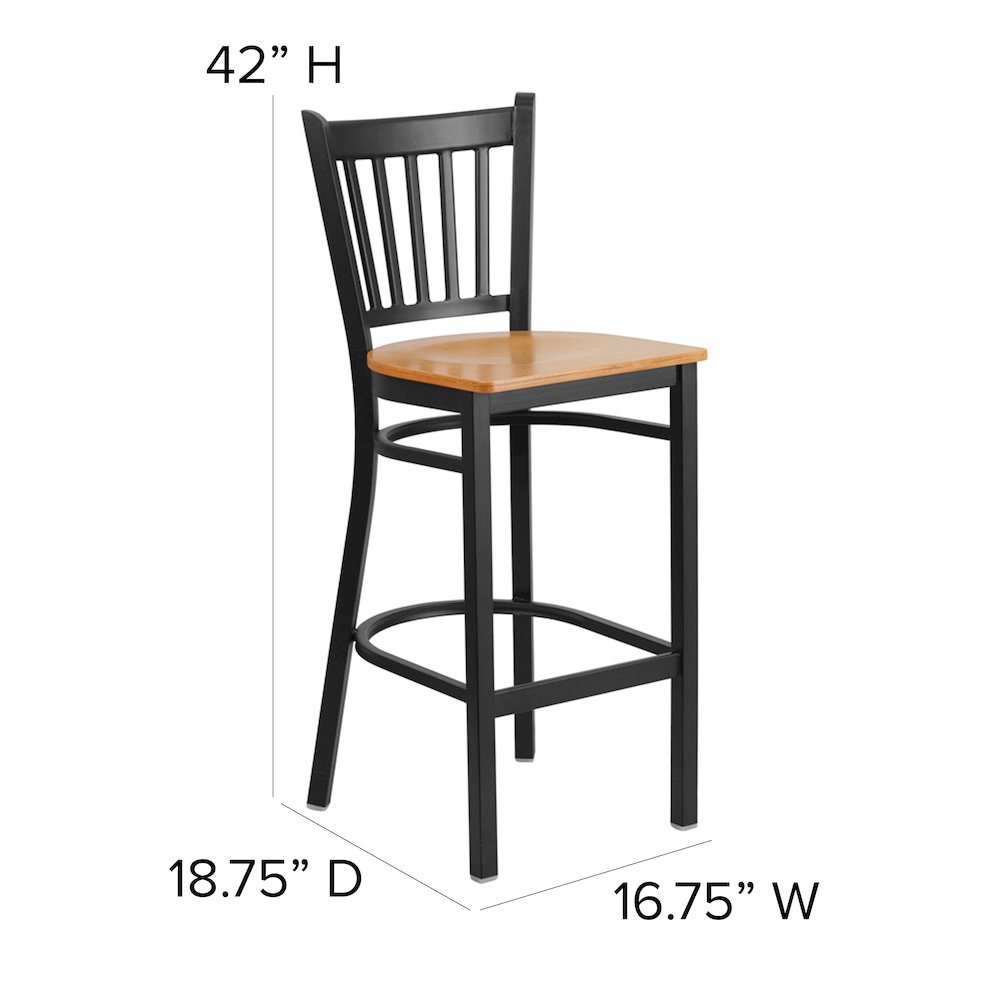 Black Vertical Back Metal Restaurant Barstool – Natural Wood Seat