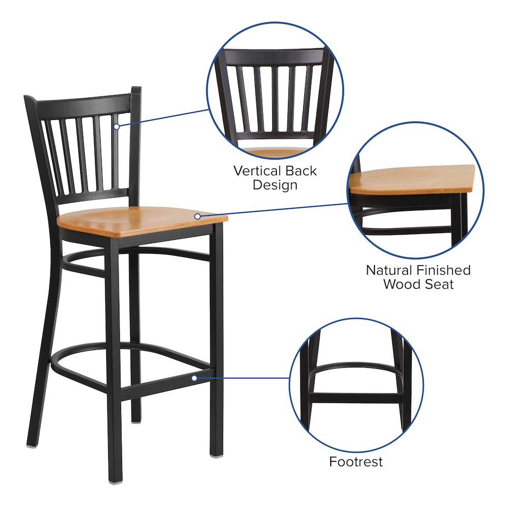 Black Vertical Back Metal Restaurant Barstool – Natural Wood Seat
