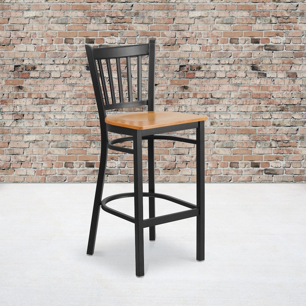 Black Vertical Back Metal Restaurant Barstool – Natural Wood Seat