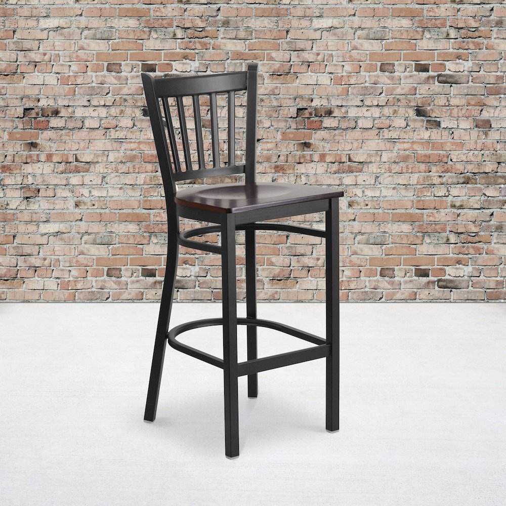Black Vertical Back Metal Restaurant Barstool – Walnut Wood Seat