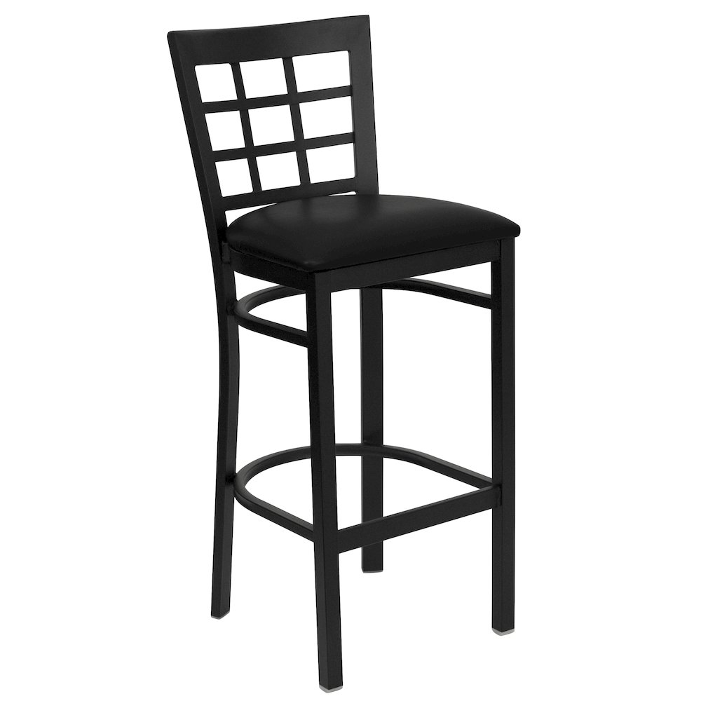 Black Window Back Metal Restaurant Barstool – Black Vinyl Seat