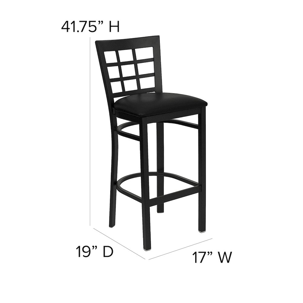 Black Window Back Metal Restaurant Barstool – Black Vinyl Seat