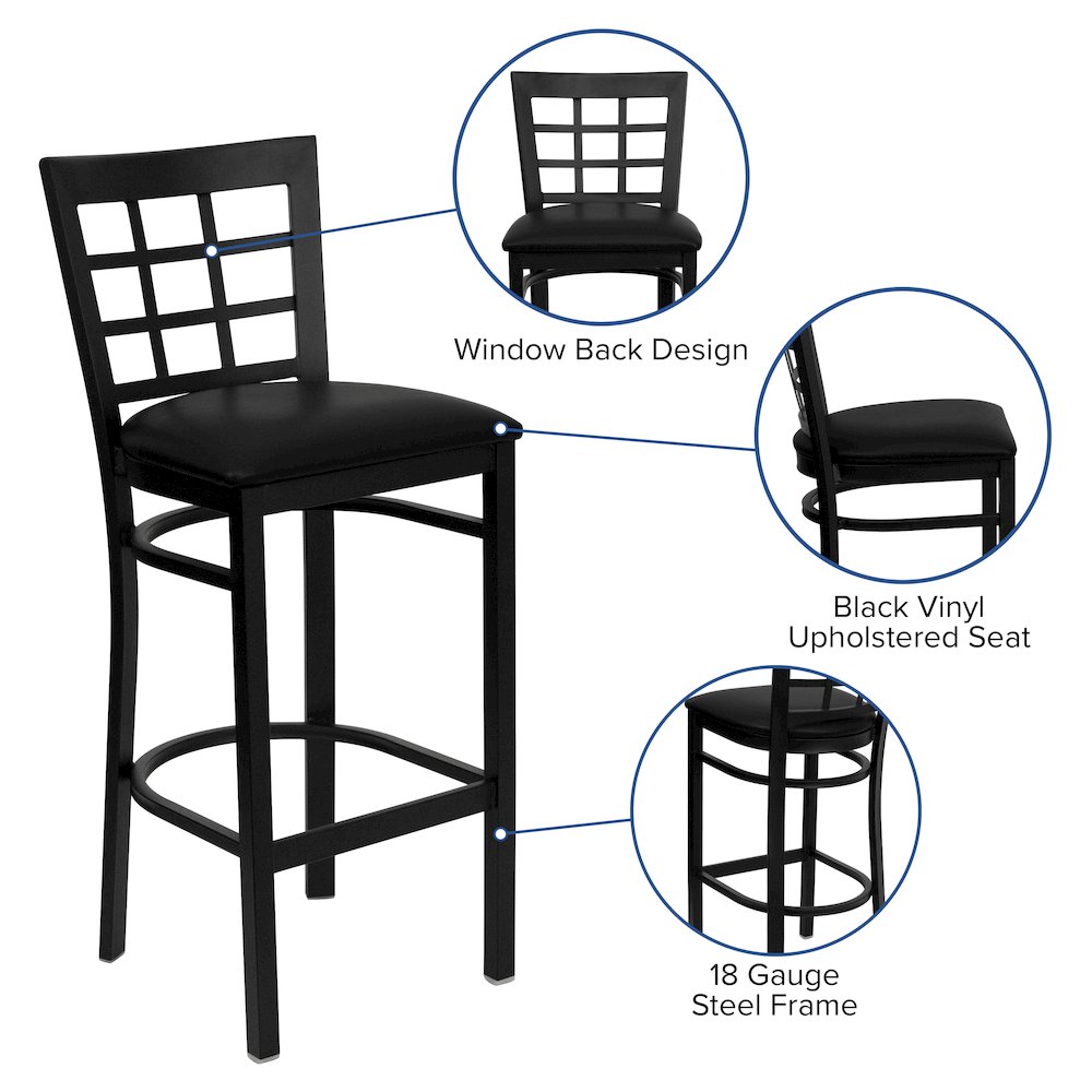 Black Window Back Metal Restaurant Barstool – Black Vinyl Seat