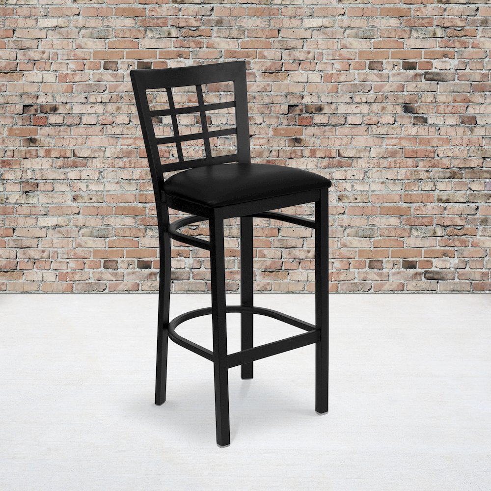 Black Window Back Metal Restaurant Barstool – Black Vinyl Seat