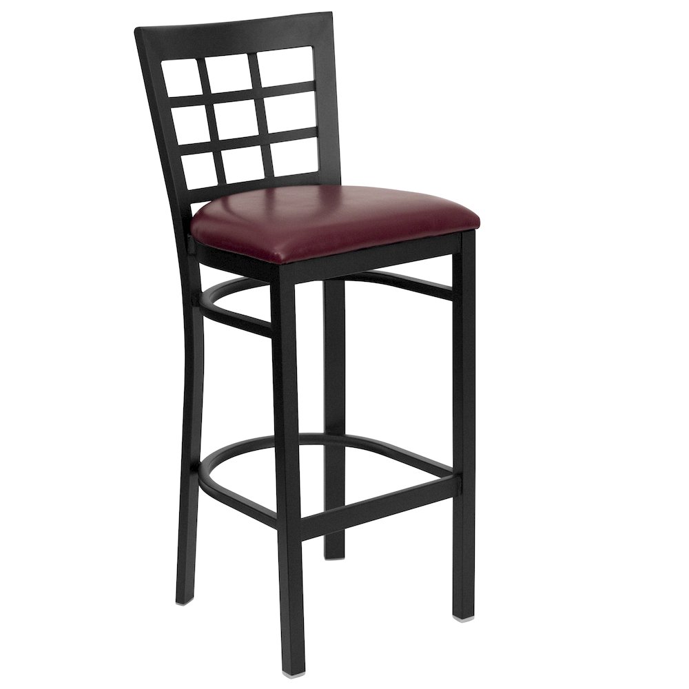 Black Window Back Metal Restaurant Barstool – Burgundy Vinyl Seat