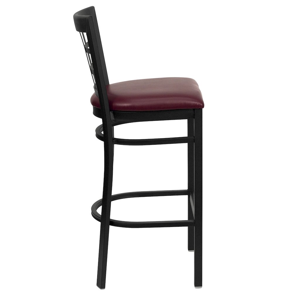 Black Window Back Metal Restaurant Barstool – Burgundy Vinyl Seat