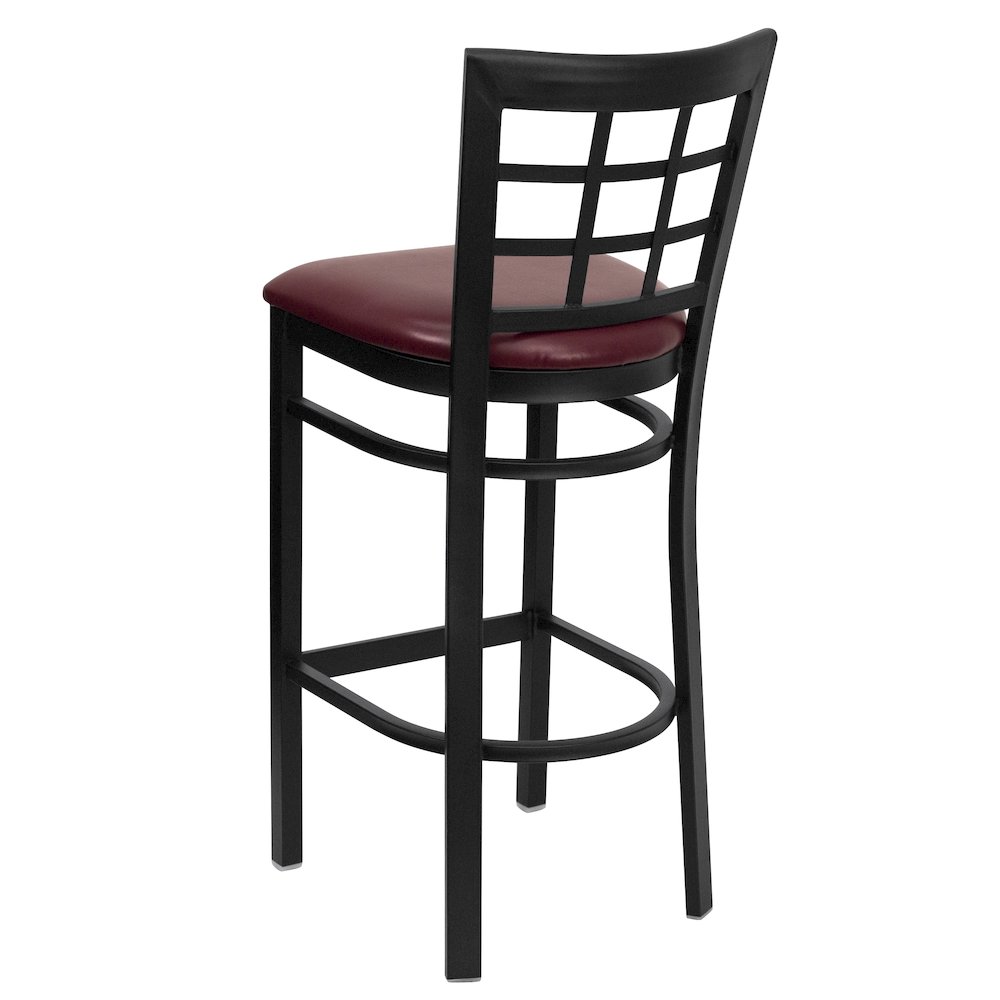 Black Window Back Metal Restaurant Barstool – Burgundy Vinyl Seat