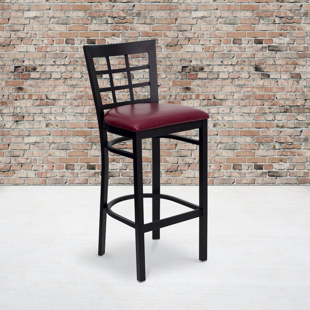 Black Window Back Metal Restaurant Barstool – Burgundy Vinyl Seat