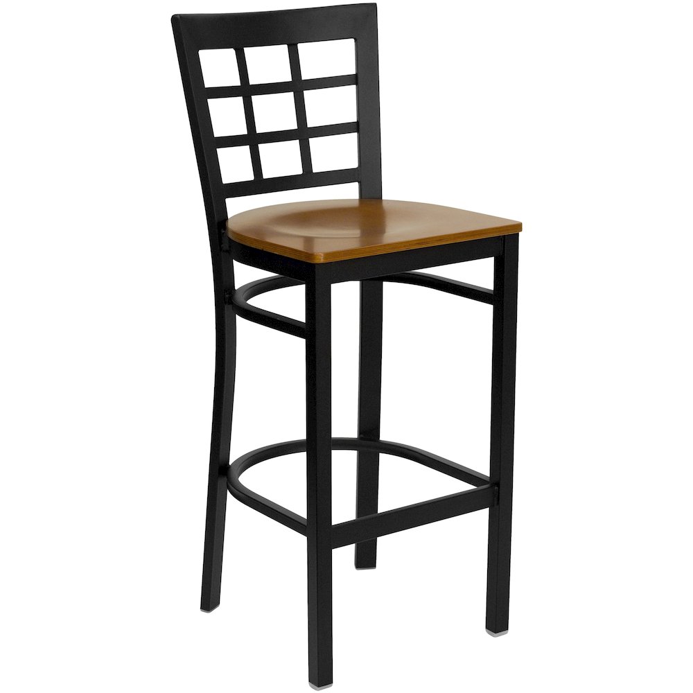 Black Window Back Metal Restaurant Barstool – Cherry Wood Seat