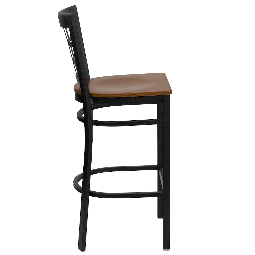 Black Window Back Metal Restaurant Barstool – Cherry Wood Seat