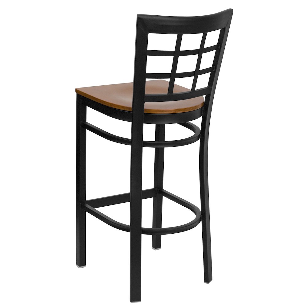 Black Window Back Metal Restaurant Barstool – Cherry Wood Seat