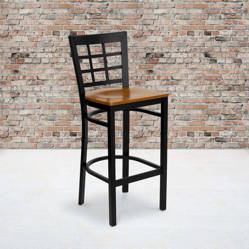 Black Window Back Metal Restaurant Barstool – Cherry Wood Seat