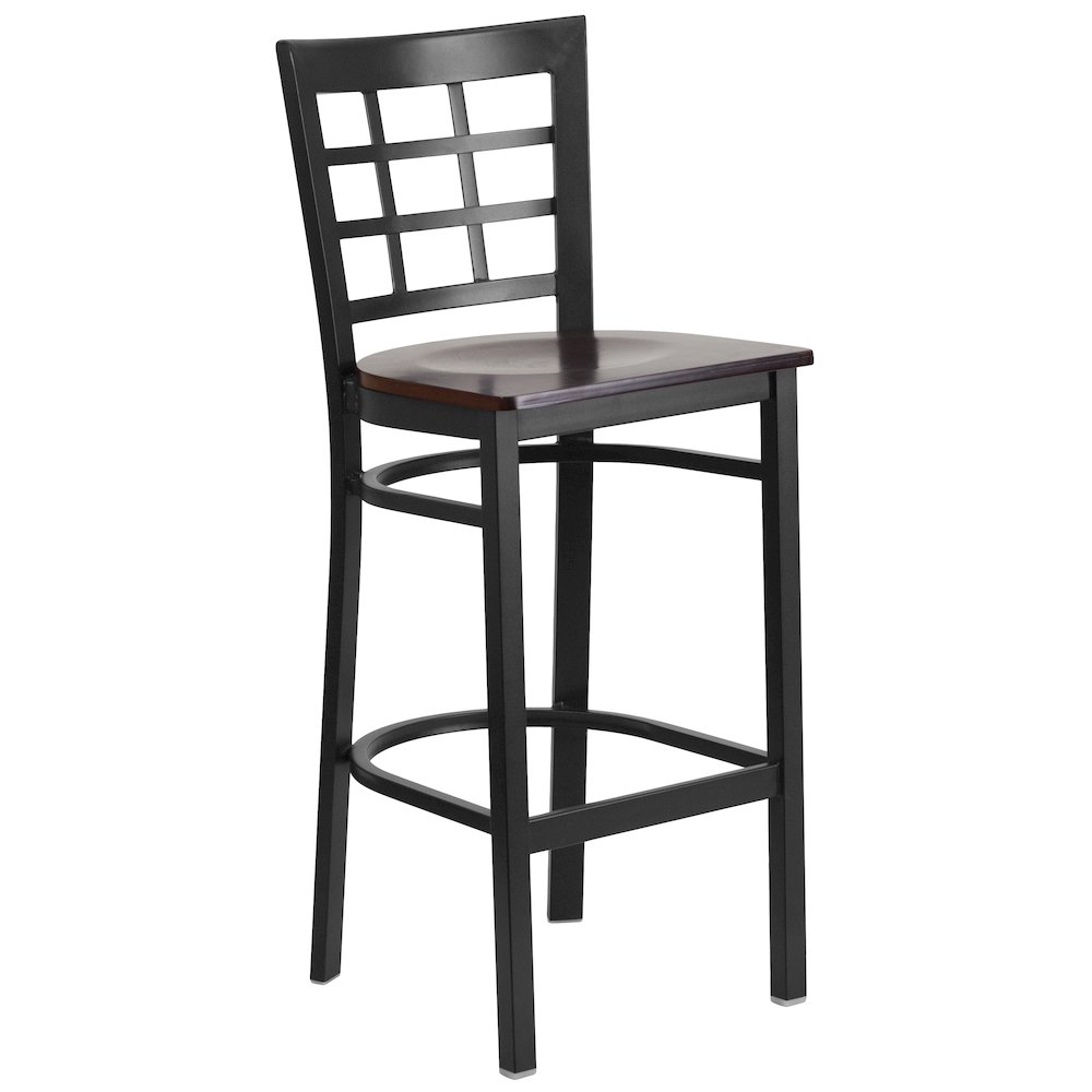 Black Window Back Metal Restaurant Barstool – Walnut Wood Seat